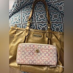 Coach Gold Tote Bag with Pink Patterned Wallet priced for quick sell
